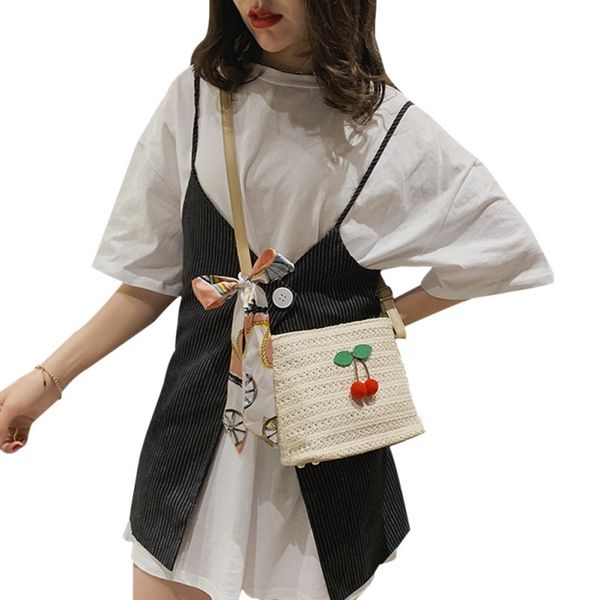 

fashion new women scarf straw handbags leisure messenger bags cherry woven bag bucket cute shoulder bag new