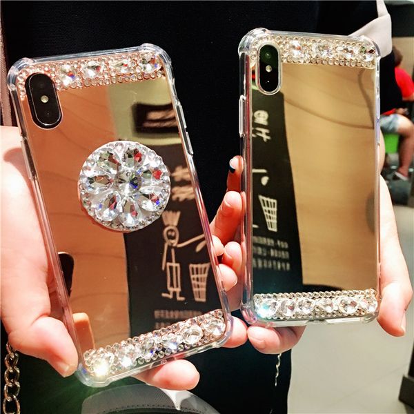 

2019 latest fancy anti-fall diamond case for iphone 7 plus sparkle diamond case shinning kickstand soft mirror rhinestone cover