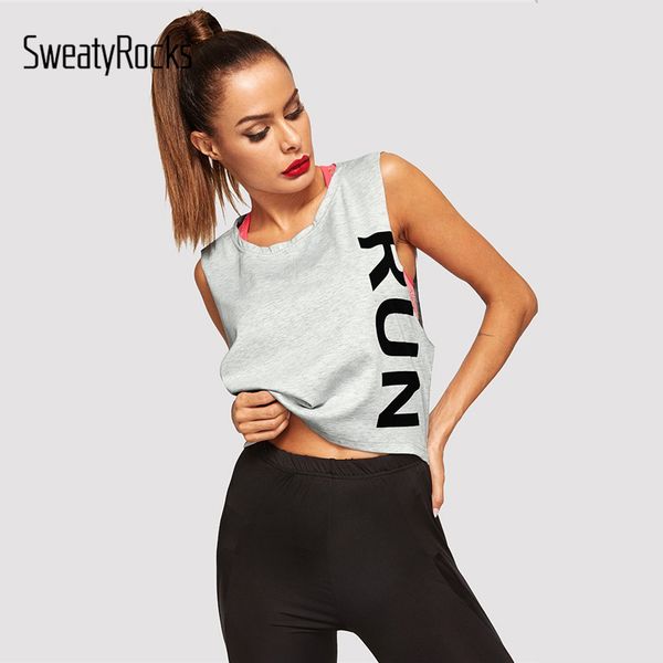 

sweatyrocks grey letter print activewear fashion tank women summer sleeveless vest round neck athleisure casual tank, White