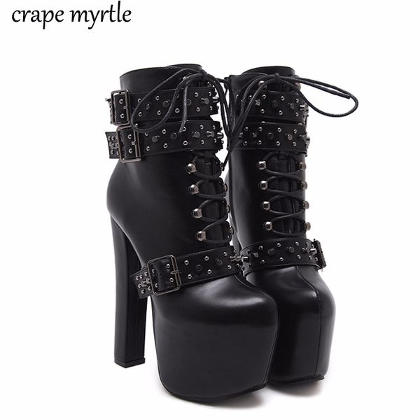 

lace up boots 2019 fashion thick heel ankle boots women high heels autumn winter woman shoes rivet platform shoes yma405, Black