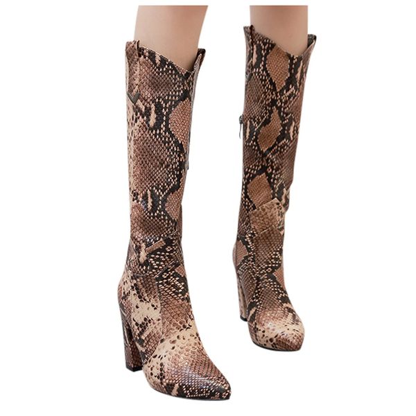 

women's thin high boots pointed toe square heel casual side zipper leopard leather lady booties european ladies shoes fall, Black