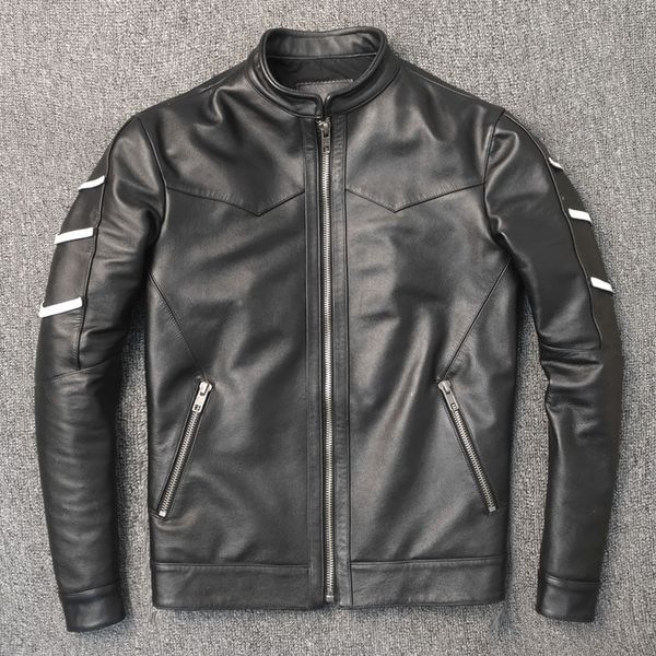

cow genuine korean men motorcycle slim bomber mens leather jacket jaqueta de couro 22002 yy229, Black