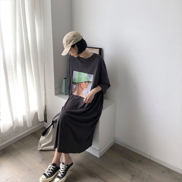 

full blue 2019 autumn round collar printed short-sleeved t-shirt women's t-shirt loose skirt long loose dress, White