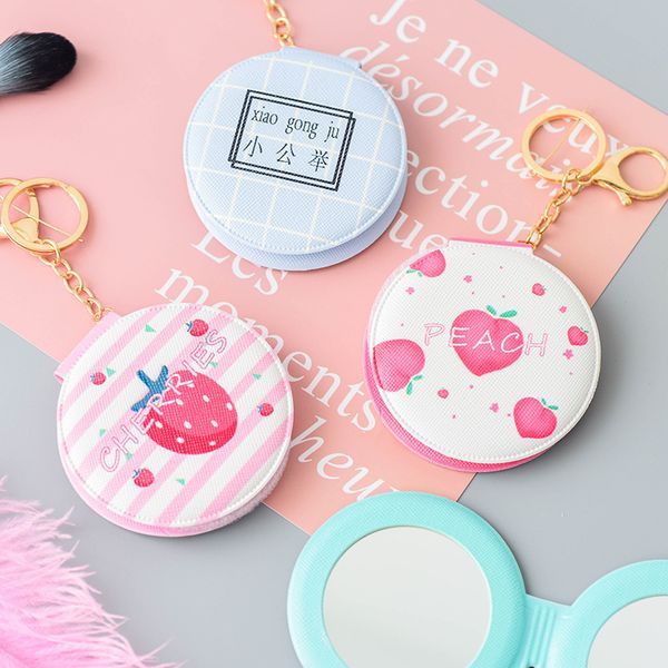 

1pcs fashion korean version of the cute cartoon fruite 8*8 pu mirror round makeup mirror with key chain desk set wholesale