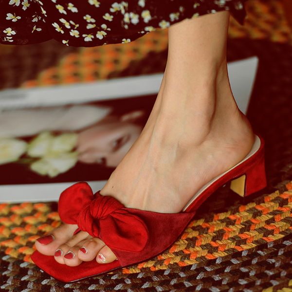 

red black bowtie knot summer slides kitten heel comfort dress mules formal slippers shoes women