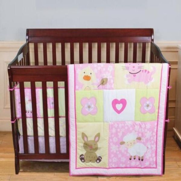 

new baby girl bed set 3item cot organizer pink crib bumper set embroidery sheep rabbite baby quilt bed around matterss cover