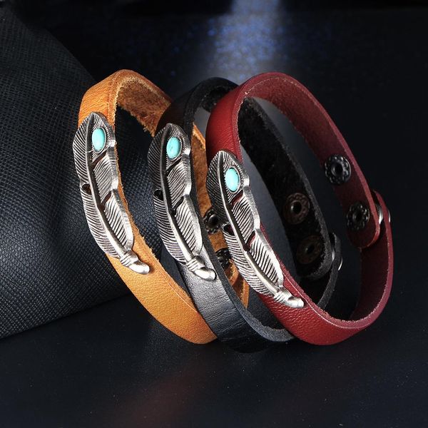 

jrl punk style retro turquoise feather leather bracelet delicate handmade jewelry gift k2676, Golden;silver