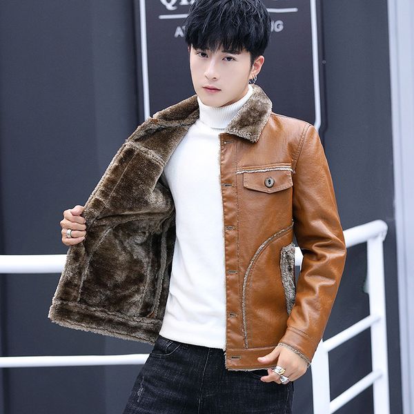 

2020 new men's cultivate one's morality winter motorcycle leather jackets youth add hair thickening fashion leisure leather 8xl, Black