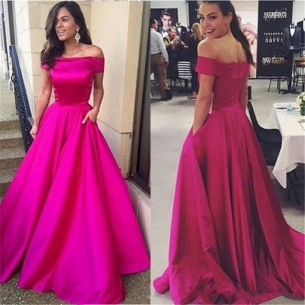 

off-the-shoulder fuchsia evening dresses with pocket 2019 new pleats sweep train simple style a-line satin formal prom party gowns e035, Black;red