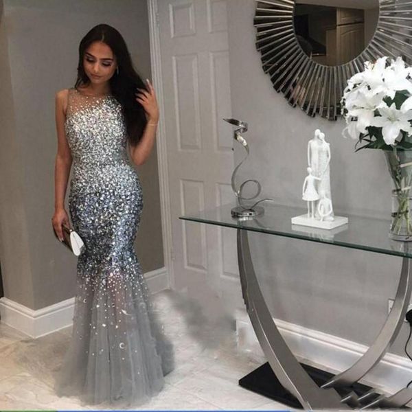 

luxury gray long mermaid evening dresses 2020 full crystal beads floor length formal prom gowns party dress robe de soiree, Black;red