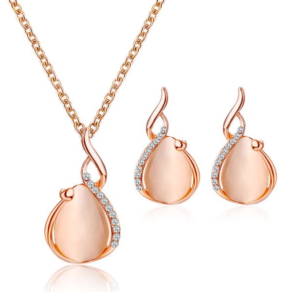 

fashion rose gold color jewelry sets for women water drop champagn opal pendant necklace stud earrings sets wedding jewelry set, Silver