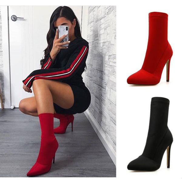 

2019 women fetish silk sock neon boots 11.5cm high heels stretch fashion heels red green ankle boots peach plus size 42 shoes, Black