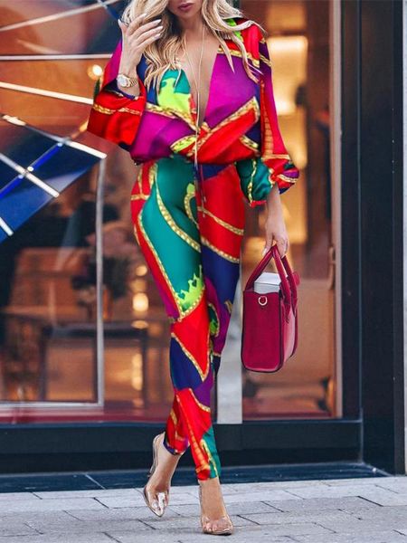 

2020 autumn women elegant leisure vintage jumpsuit female deep v neck vacation holiday colorblock print plunge casual jumpsuit, Black;white