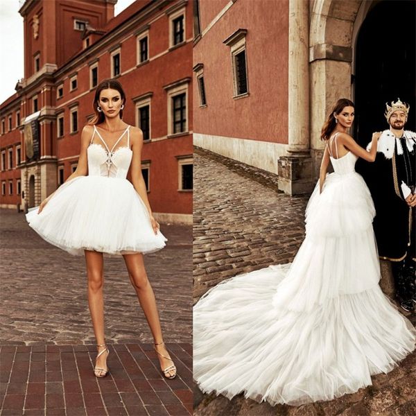 

wedding dresses with detachable train spaghetti strap sleeveless appliqued lace a-line bridal dress tiered sweep train robes de mariÃ©e, White