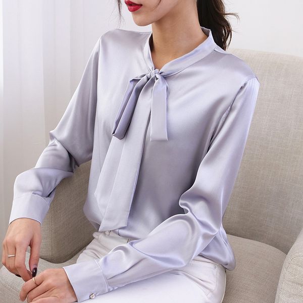

bow tie silk silk shirt women's new cardigan loose long sleeve white shirt women's wear
