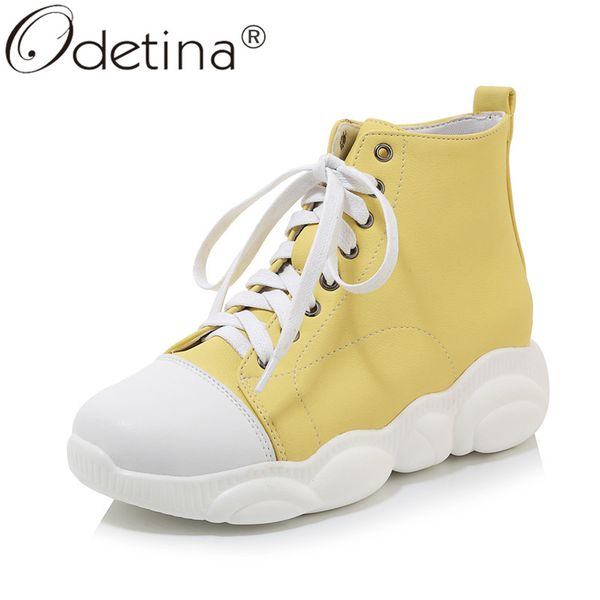 

odetina new women chunky platform flat lace up casual shoes ankle boots ladies round toe walking high sneakers plus size 46, Black