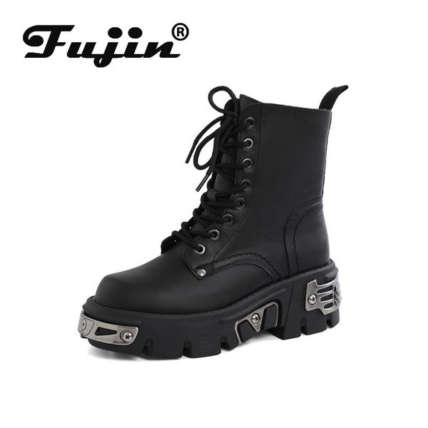

fujin genuine leather women boots motorcycle platform punk black lace up winter plush booties winter boots fashion for women