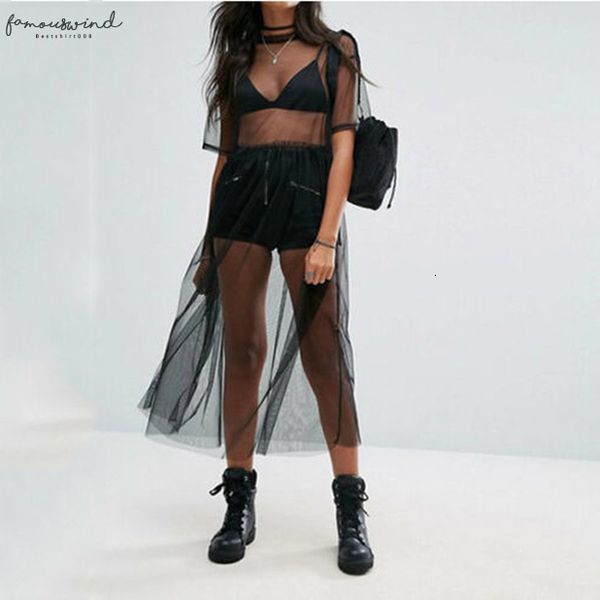 

women see through mesh long blouse cover up shirt dress sheer beach cover tulle lace transparent streetwear blusas tee, Black;gray