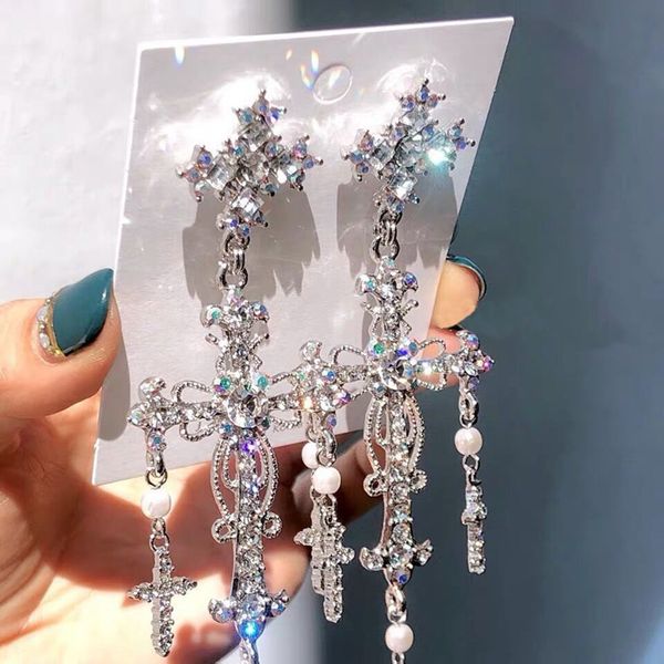 

mwsonya new palace style silver color luxury crystal cross dangle earrings for women elegant tassel party jewelry gifts