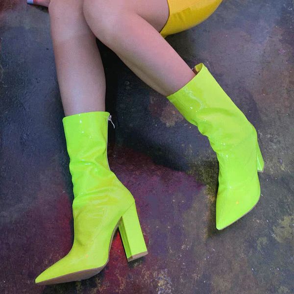 

2019 women 11cm high heels boots fetish neon green block heels mid calf boots chunky autumn winter luxury design shoes, Black