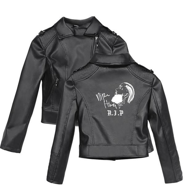

nipsey hussle pattern print with zipper leather jacket plus size long sleeve female coat teenager style, Black