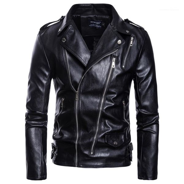 

solid color lapel neck multi zipper outwear fashion mens motorcycle jacket mens designer leather jackets plus size, Black