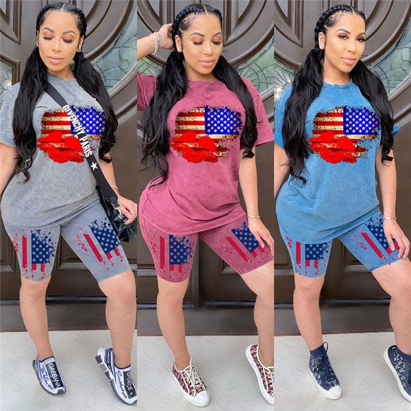 

women tracksuit clothes lips 2 piece clothing set short sleeve tees tshirt shorts two pieces outfit flag to independence day d62304, White