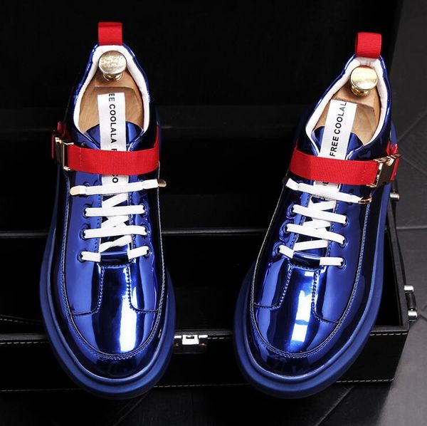 

british tide men's shoes fashion casual shoes shiny blue buckle hip hop for man youth trending platform white, Black