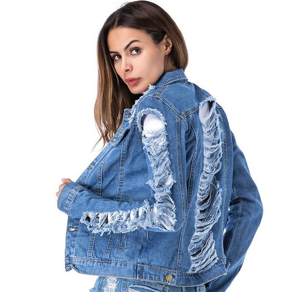 

women's jackets 2021 autumn large size loose tear wind big hole denim jacket female tide lapel blue m xl xxl 3xl 4xl 5xl, Black;brown