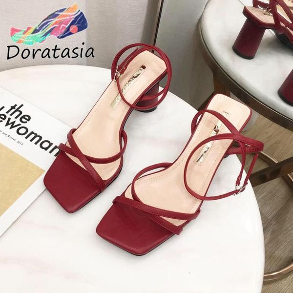 

doratasia square toe sandals fashion high heels ankle strap thin belt sandals women 2020 party dress shoes woman, Black