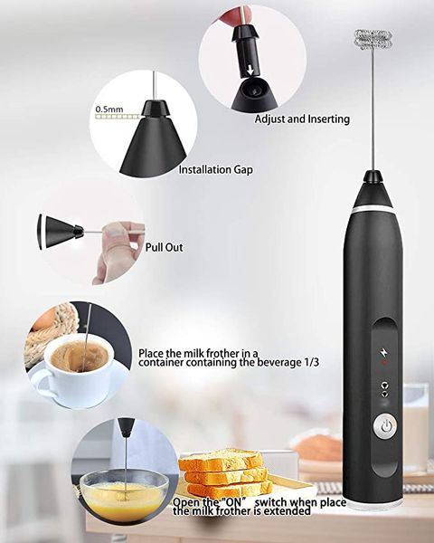 

3-speed adjustable rechargeable electric milk frother handheld with stainless steel whisk blender for milk tea etc. kitchen accessories