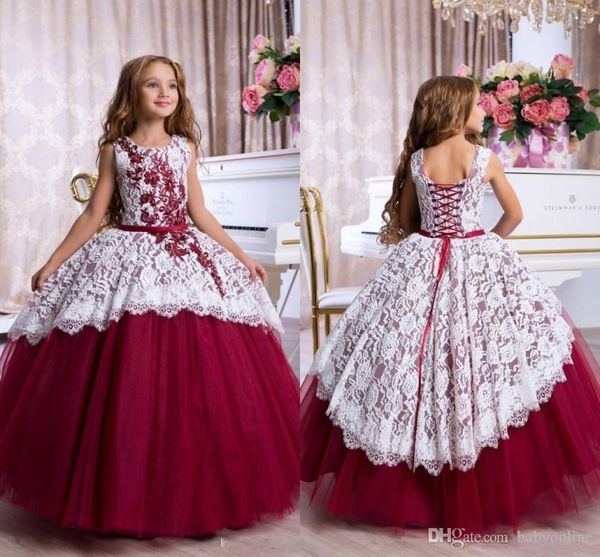 Abito da ballo in pizzo bianco bordeaux di nuovo arrivo Abiti da spettacolo per bambina Abiti da principessa con lacci applicati Cintura per prima comunione