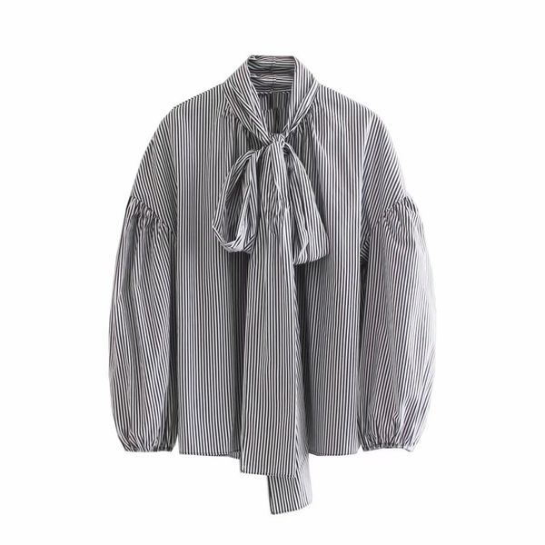 

women vintage bow tied striped print casual smock blouse office lantern sleeve shirts femininas blusas, White