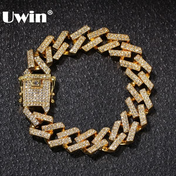 

uwin fashion mens bracelet full iced out rhinestones 15mm prong cuban link bracelets blue/black multi-colored hiphop jewelry, Golden;silver