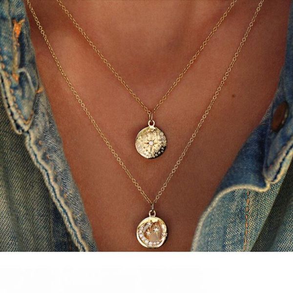 

gold fashion coin necklace roud disco plated moon star starbusrt engraved classic gold filled pendant necklaces for women, Silver
