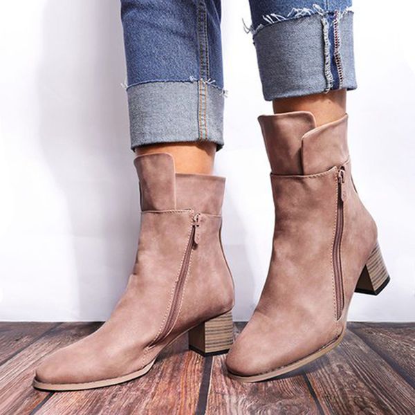 

women's short boots side zipper casual high heel shoes pointed retro ladies boot 2019 autumn casual vintage square heel boots, Black