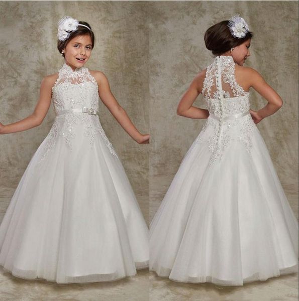 

kids high collar flower girl dresses 2020 appliqued lace buttons back formal little girls pageant party gown first communion dress al5328, White;blue