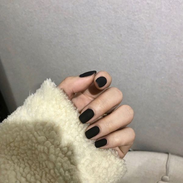 

24pcs short square head soft pure color frosted fake nails artificial nails art tips black full cover matte false, Red;gold