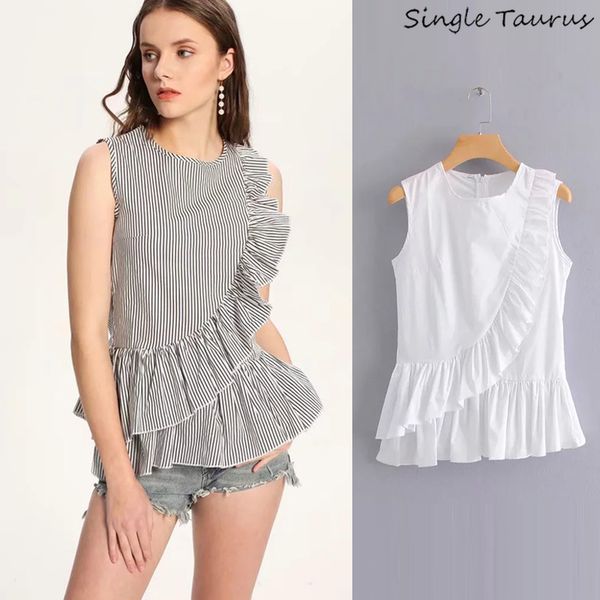 

korean slim irregular ruffles shirts women summer sleeveless women shirts fashion stripe streetwear blusas femininas elegante, White