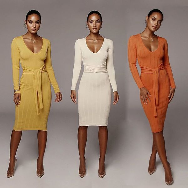 

black white yellow autumn winter midi dress women casual long sleeve v neck elegant bandage waist bodycon fall ladies dress c382, Black;gray