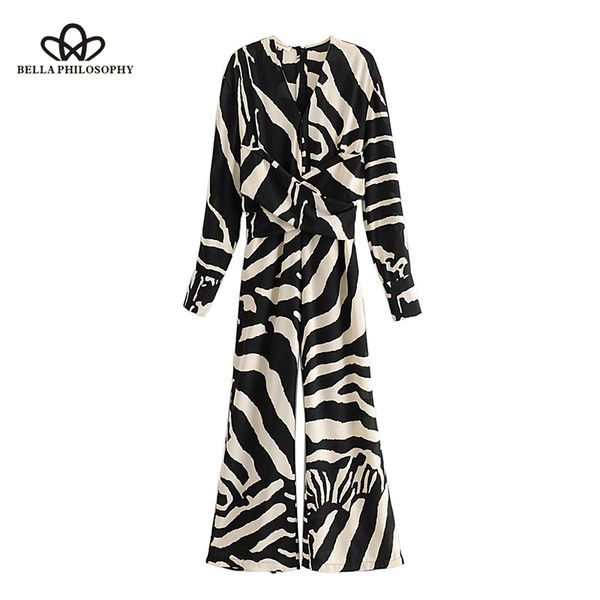 

bella philosophy vintage zebra print sashes jumpsuit women 2019 v neck back zipper pockets ladies rompers casual bodysuit, Black;white