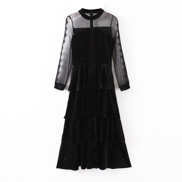 

casual dresses shine through women black dress spring 2021 fashion hollow out mesh lace patchwork velour modern lady long, Black;gray