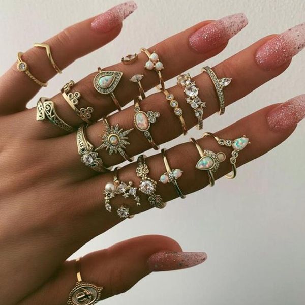 

5set (19pcs/set) new creative joint rings set fashion diamond drop flower hollow cross ring set women jewelry, Silver