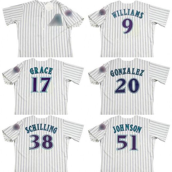 

arizona 9 matt williams 17 mark grace 20 luis gonzalez 38 curt schilling 51 randy johnson throwback baseball jersey, Black