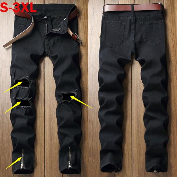 

men's pants brand style slim fit ripped skinny biker jeans destroyed frayed denim trousers, Black