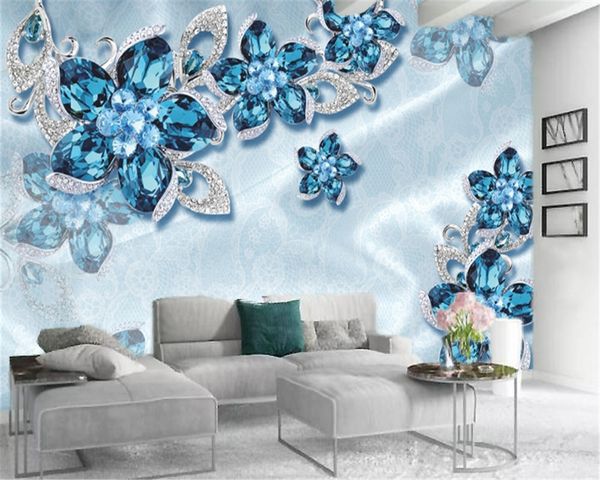 Классические 3D обои Роскошные Diamond Sapphire Flowers Home Decor Гостиная Спальня Wallcovering HD Обои