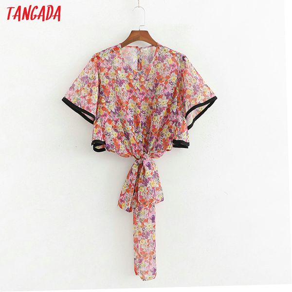 

tangada fashion women flower blouse bow tie design v neck flare short sleeve chic crop shirt blusas femininas 1d274, White