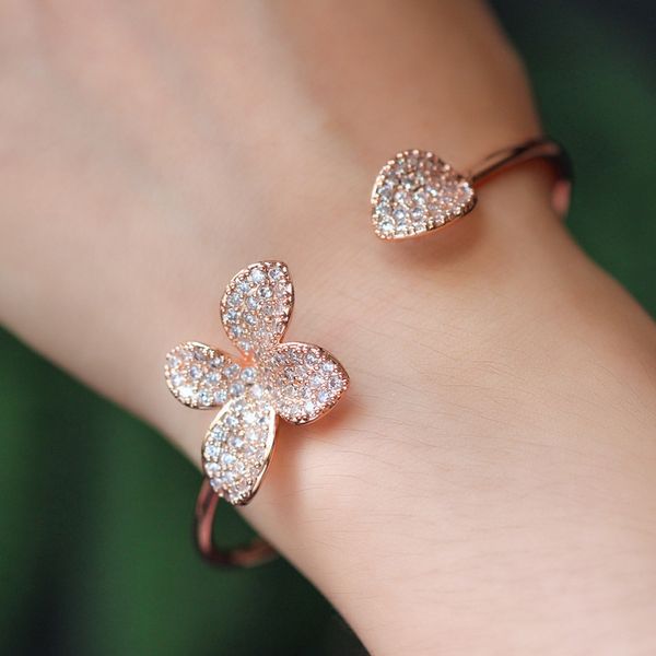 

wholesale fashion flower open cuff bracelets for women girl zircon crystal wedding engagement adjustable jewelry bracelet11, Golden;silver