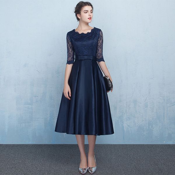 

Lace Satin Short Bridesmaid Dresses with Half Sleeves 2019 Knee Length Party Dress Navy Black Champagne