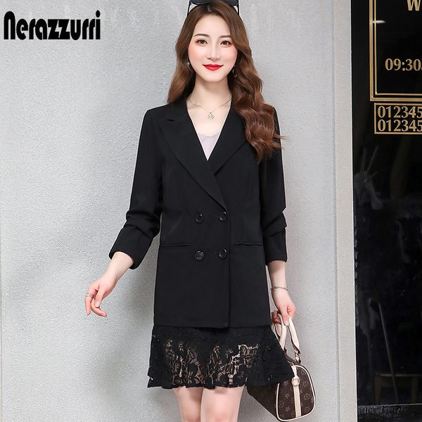 

nerazzurri ladies blazer plus size women blazers and jackets 2019 5xl 6xl 7xl slim black double breasted work office jacket, White;black